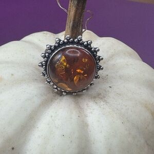 Beautiful Amber Ring - 925 Silver Plated. Size 7